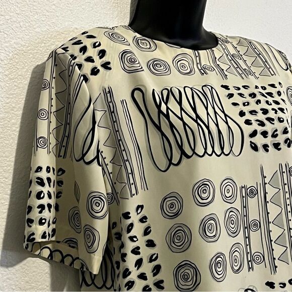 VTG 90s RENAISSANCE SPORTSWEAR Boxy Geometric Scribble Cream Black blouse S - Picture 3 of 12